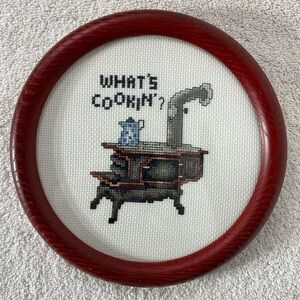 Vintage Handmade “What’s Cooking” Cross Stitch Wall Art W Round Red Brown Frame